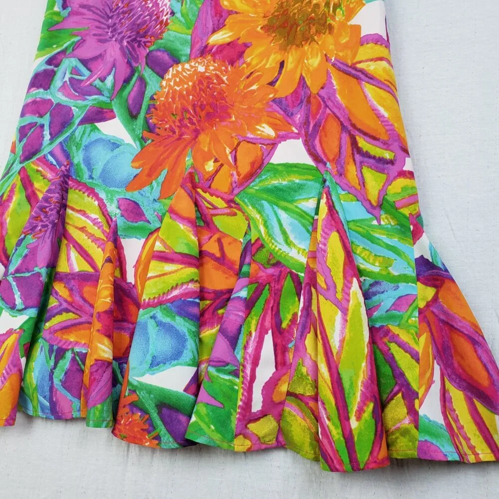 Ralph Lauren Godet Pleated Dress Colorful Floral Print Art-to-Wear size 8 Y2K